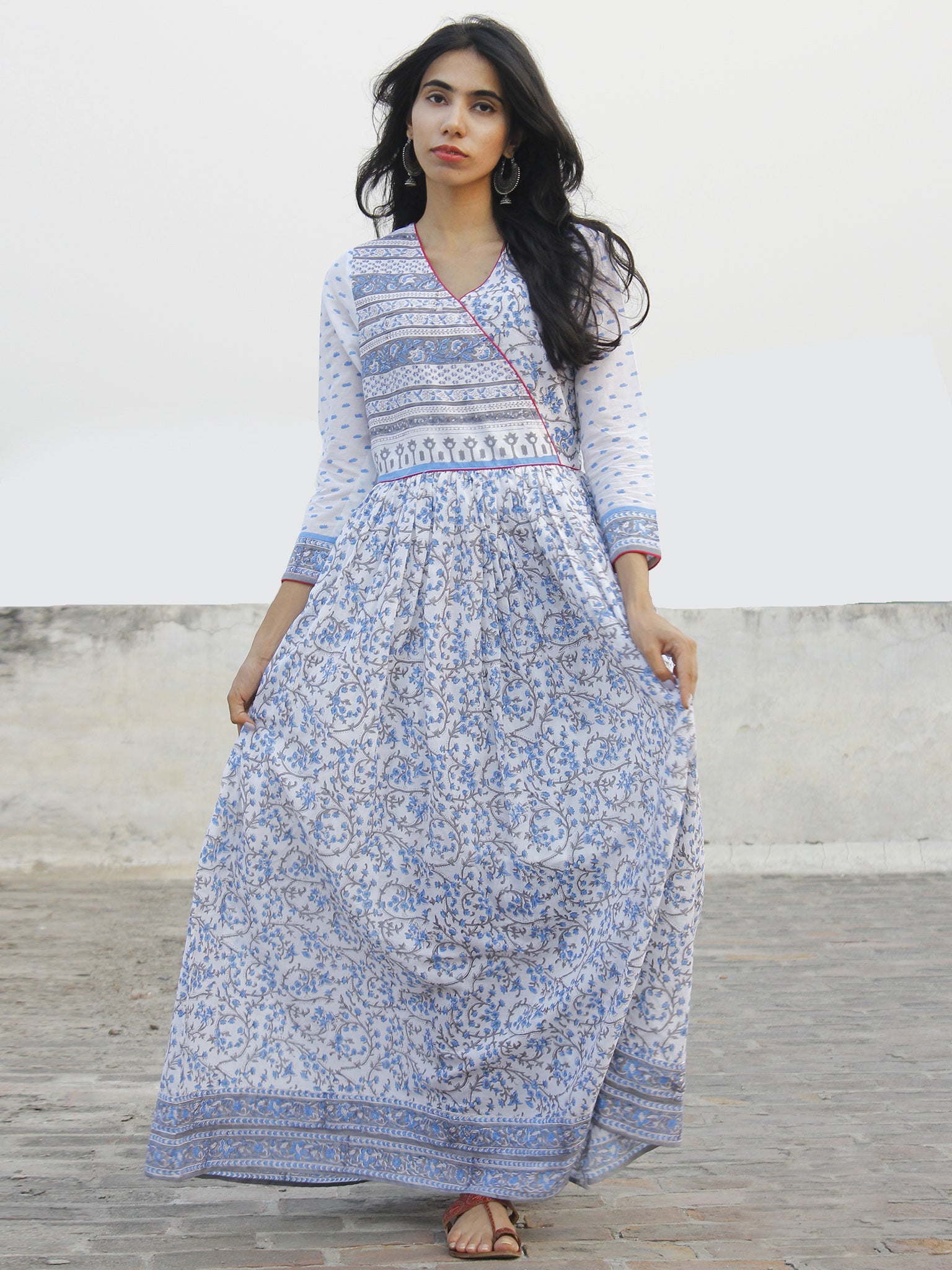 Naaz Blue White Grey Magenta Hand Block Printed Long Angrakha Dress ...