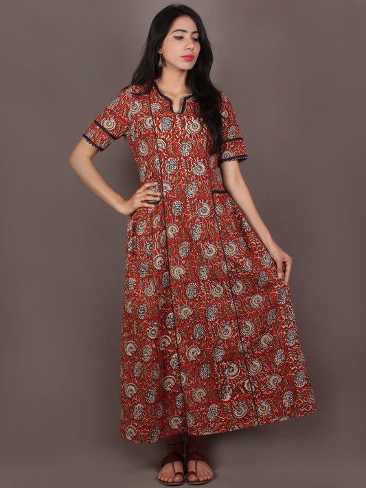 Red Indigo Beige Hand Block Printed Long Cotton Panel Dress With Front Pockets - D2142701