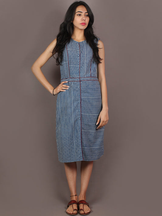 Indigo White Hand Block Printed Knee Length Cotton Dress With Maroon Piping - D0903601