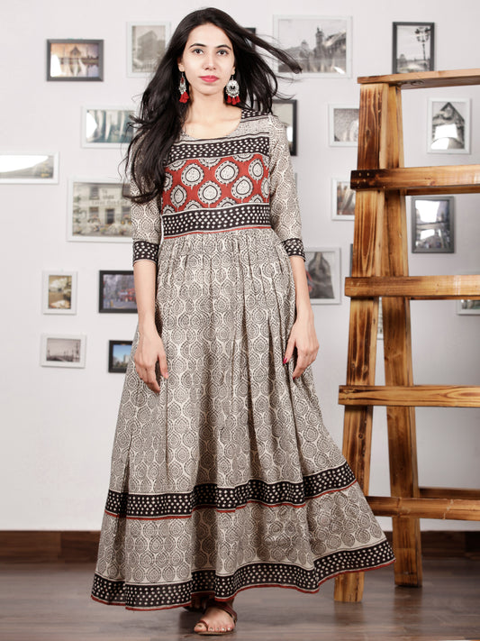 Naaz Kafeeya - Ivory Red Black Hand Block Printed Long Cotton Tier Dress With Gathers & Lining - DS53F001