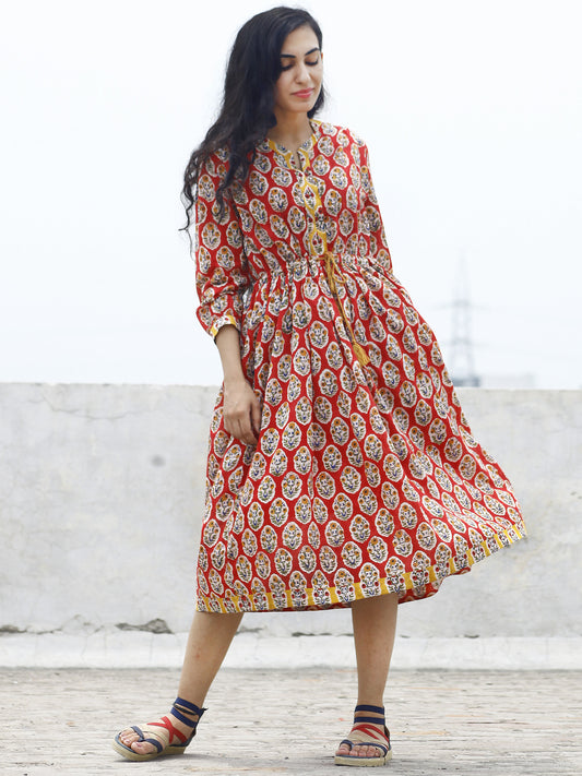 Red Yellow Ivory Blue Green Hand Blocked Cotton Dress With Peasant Sleeves- D78F774