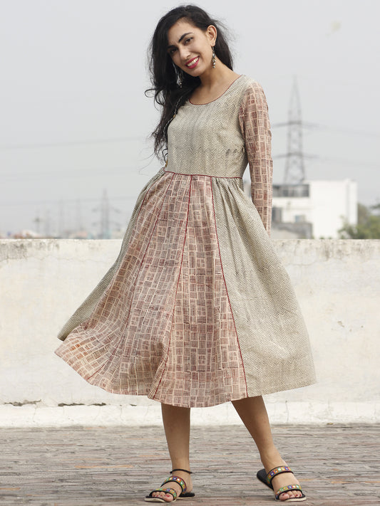 Beige Black Maroon Midi Hand Block Printed Cotton Dress - D91F423