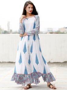 White Blue Pink Long Hand Block Printed Cotton Dress With Frills - D06F1500