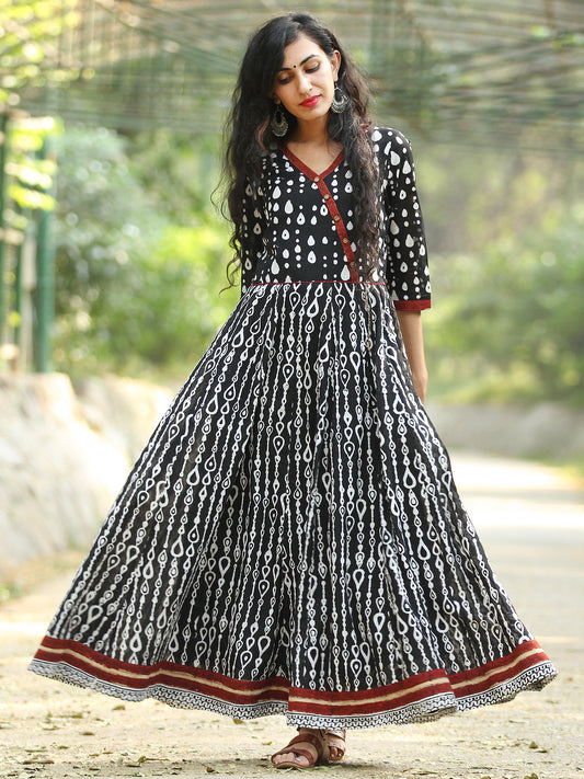 Naaz Monochrome  - Hand Block Printed Long Cotton Angrakha Dress  - DS75F001