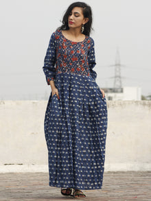 Indigo Rust Mustard Black Long Hand Block Printed Cotton Dress With Knife Pleats & Side Pockets - D90F600