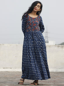 Indigo Rust Mustard Black Long Hand Block Printed Cotton Dress With Knife Pleats & Side Pockets - D90F600