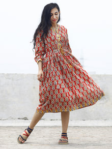 Red Yellow Ivory Blue Green Hand Blocked Cotton Dress With Peasant Sleeves- D78F774