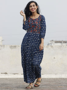 Indigo Rust Mustard Black Long Hand Block Printed Cotton Dress With Knife Pleats & Side Pockets - D90F600