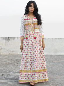 Naaz White Pink Orange Green Hand Block Printed Long Cotton Dress With Stand Collar -  DS39F001