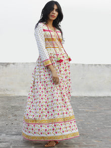 Naaz White Pink Orange Green Hand Block Printed Long Cotton Dress With Stand Collar -  DS39F001