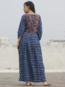 Indigo Rust Mustard Black Long Hand Block Printed Cotton Dress With Knife Pleats & Side Pockets - D90F600