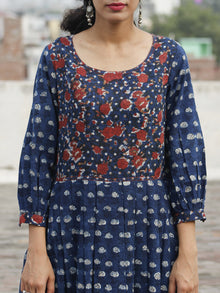 Indigo Rust Mustard Black Long Hand Block Printed Cotton Dress With Knife Pleats & Side Pockets - D90F600