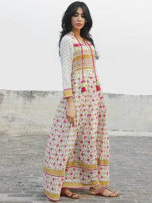 Naaz White Pink Orange Green Hand Block Printed Long Cotton Dress With Stand Collar -  DS39F001