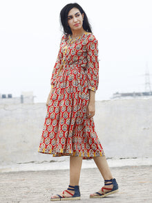 Red Yellow Ivory Blue Green Hand Blocked Cotton Dress With Peasant Sleeves- D78F774