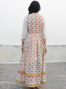 Naaz White Pink Orange Green Hand Block Printed Long Cotton Dress With Stand Collar -  DS39F001