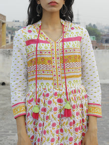 Naaz White Pink Orange Green Hand Block Printed Long Cotton Dress With Stand Collar -  DS39F001