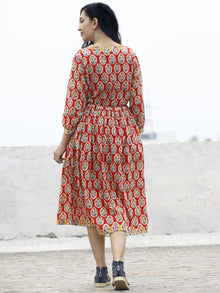 Red Yellow Ivory Blue Green Hand Blocked Cotton Dress With Peasant Sleeves- D78F774