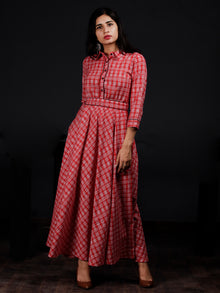 Red White Check Hand Woven Ikat Cotton Long Dress With Shirt Collar And Waist Belt - D235F1264