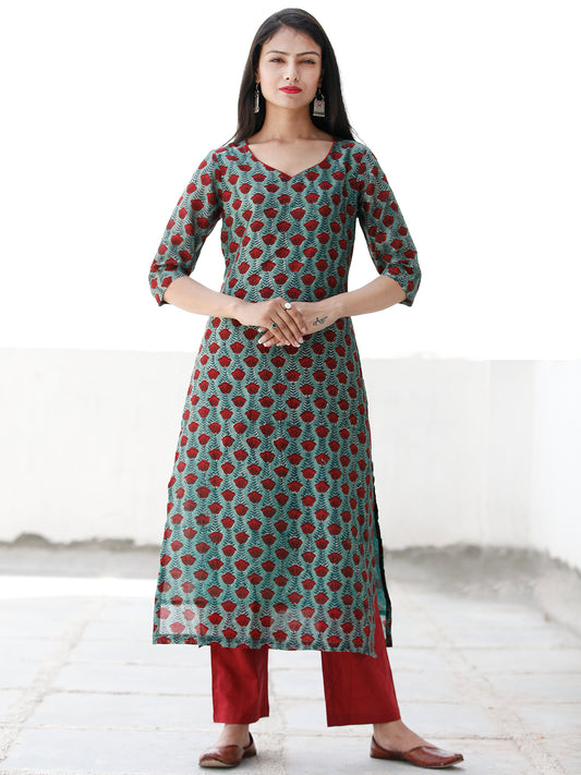 Rose Garden - Dark Green Maroon Chanderi  Kurta & Pants Sets  - Set of 2  - SS01F1925