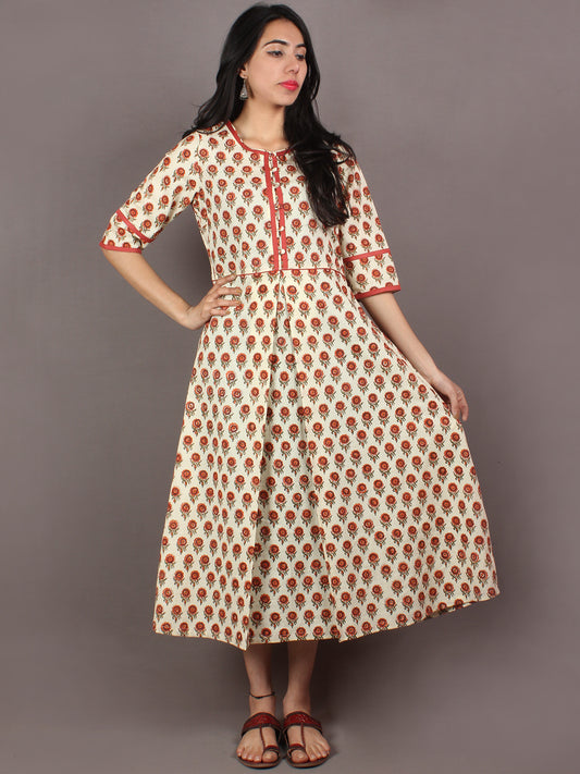 Beige Orange Green Maroon Hand Block Printed Long Cotton Dress With Inverted Box Pleat - D1912301