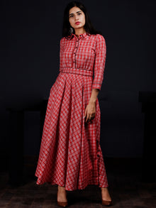 Red White Check Hand Woven Ikat Cotton Long Dress With Shirt Collar And Waist Belt - D235F1264