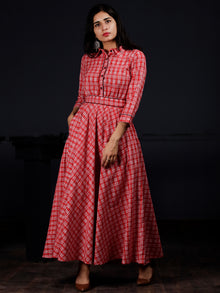 Red White Check Hand Woven Ikat Cotton Long Dress With Shirt Collar And Waist Belt - D235F1264