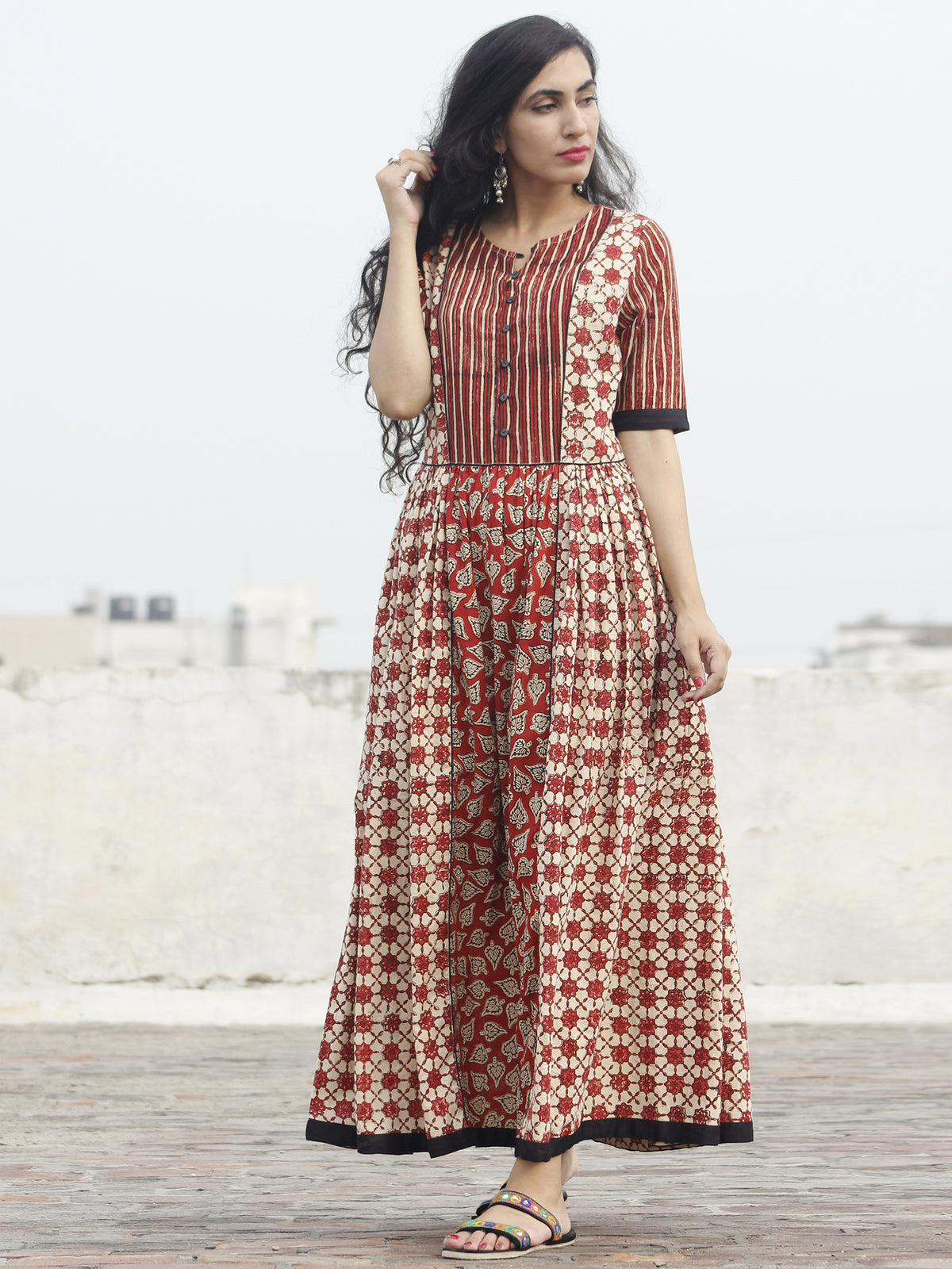 Beige Red Black Hand Block Printed Long Dress With Gathers -  D92F387