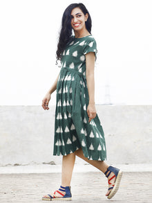 Pine Green Ivory Handwoven Double Ikat Pleated Dress With Side Pockets & Back Zip -  D65F854