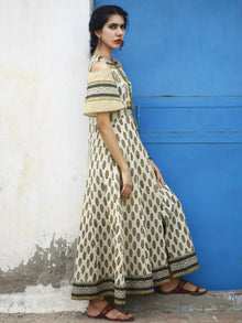 Naaz Beige Green Mustard Hand Block Printed Long Cotton Dress with Tassels & Cold Shoulders  - DS04F001