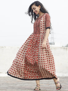 Beige Red Black Hand Block Printed Long Dress With Gathers -  D92F387