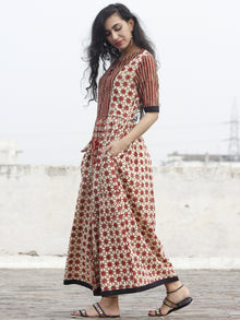 Beige Red Black Hand Block Printed Long Dress With Gathers -  D92F387