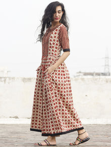 Beige Red Black Hand Block Printed Long Dress With Gathers -  D92F387