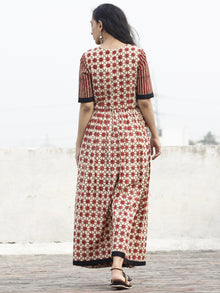 Beige Red Black Hand Block Printed Long Dress With Gathers -  D92F387