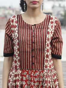 Beige Red Black Hand Block Printed Long Dress With Gathers -  D92F387