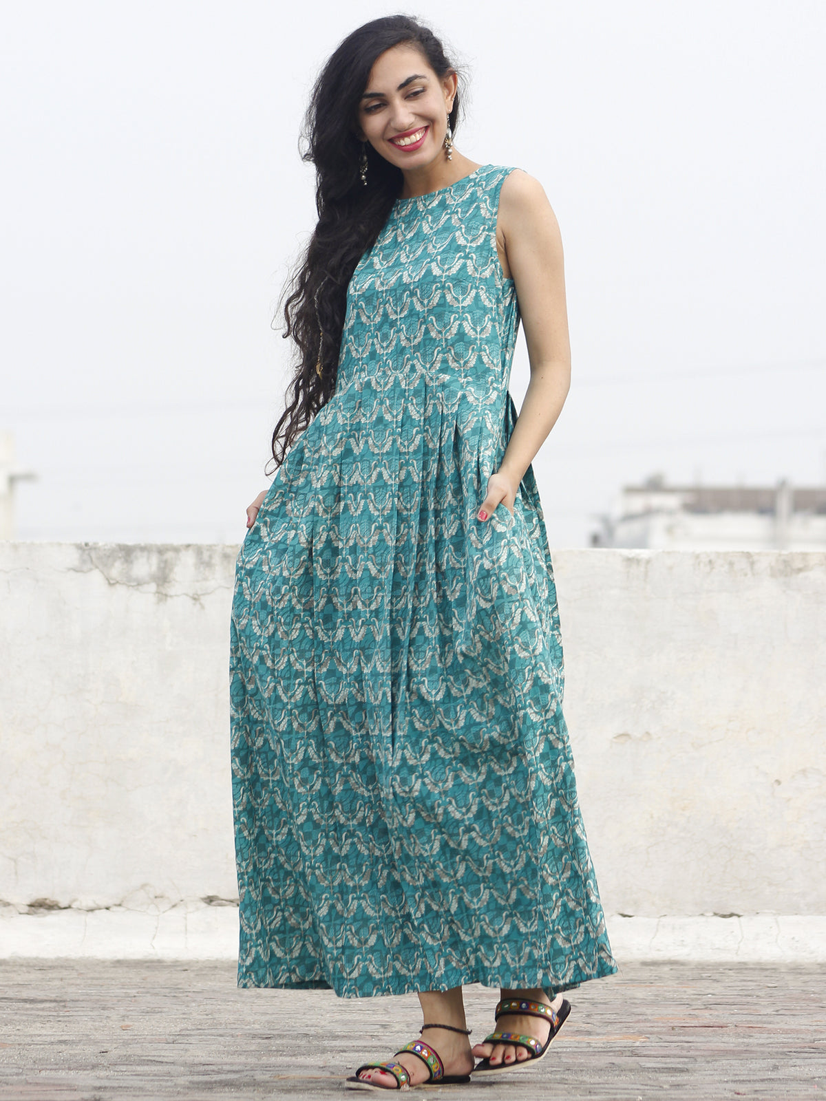 Teal Green Ivory Kashish Long Sleeveless Hand Block Printed Cotton Dress With Knife Pleats & Side Pockets - D32F768