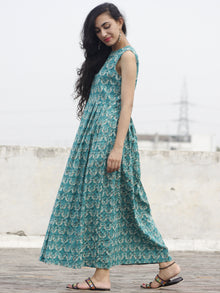 Teal Green Ivory Kashish Long Sleeveless Hand Block Printed Cotton Dress With Knife Pleats & Side Pockets - D32F768