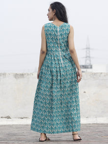 Teal Green Ivory Kashish Long Sleeveless Hand Block Printed Cotton Dress With Knife Pleats & Side Pockets - D32F768