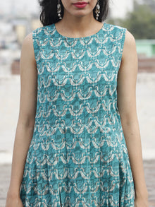 Teal Green Ivory Kashish Long Sleeveless Hand Block Printed Cotton Dress With Knife Pleats & Side Pockets - D32F768