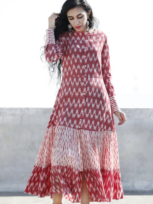 Pink Ivory Front Open Hand Woven Ikat Cotton Tier Dress  - D193F946