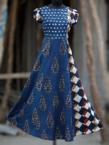 Indigo Rust Ivory Maroon Hand Block Printed Long Cotton Panel Dress With Petal Sleeves  - D224F1321