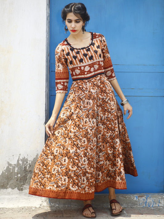 Naaz Kesari - Rust Maroon Ivory Black Hand Block Printed Long Cotton Dress  - DS05F001