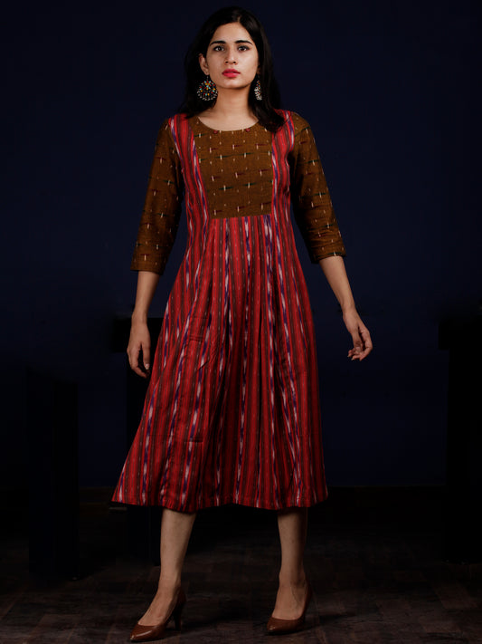 Crimson Purple Brown White Handloom Ikat Cotton Dress - D111F1260