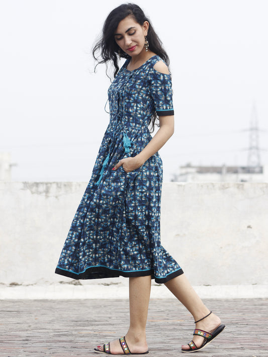 Indigo Aqua Kashish Black Hand Block Printed Dress With Cold Shoulders And Tassels - D69F547