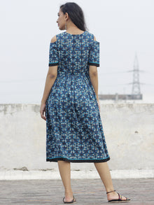 Indigo Aqua Kashish Black Hand Block Printed Dress With Cold Shoulders And Tassels - D69F547