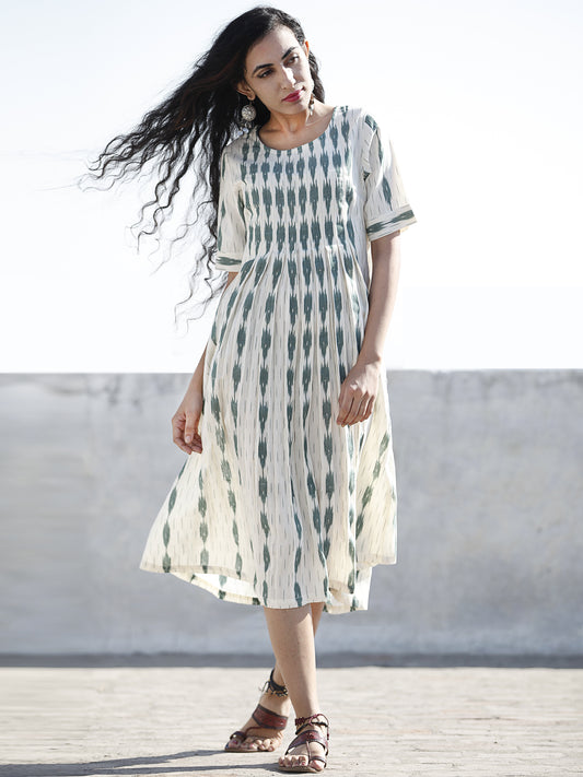 Ivory Moss Green Hand Woven Ikat Cotton Dress With Front Box Pleats  - D196F744