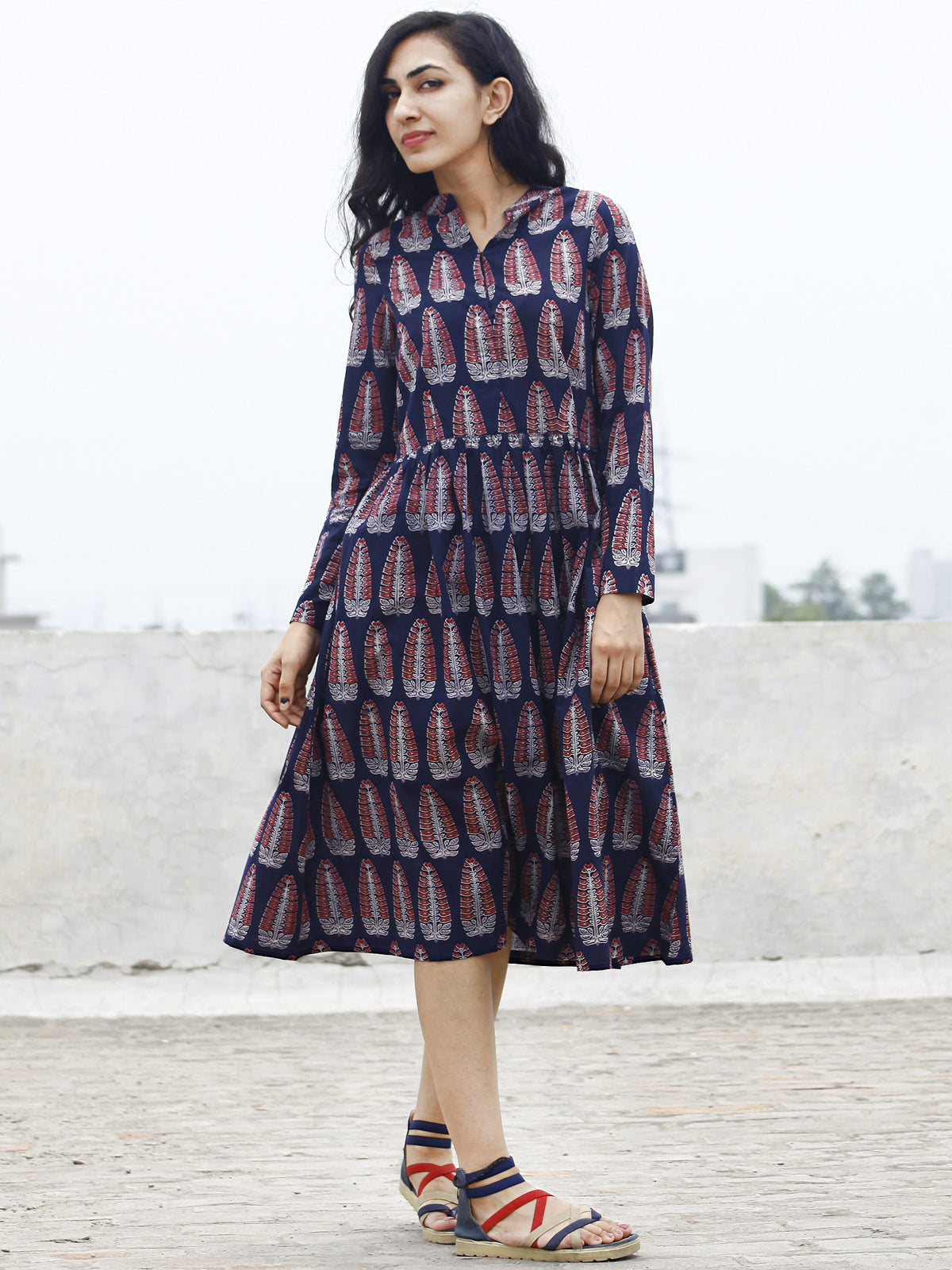 Midnight Blue Maroon Ivory Ajrak Dress With Gathers And Mandarin Collar  - D83F867