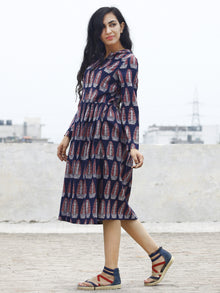 Midnight Blue Maroon Ivory Ajrak Dress With Gathers And Mandarin Collar  - D83F867