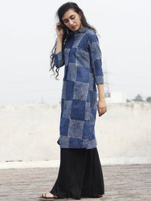 Indigo Ivory Hand Block Printed Kurti With Side Slit - K13F154