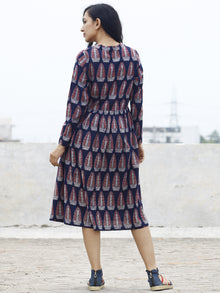 Midnight Blue Maroon Ivory Ajrak Dress With Gathers And Mandarin Collar  - D83F867