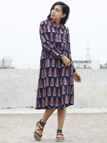 Midnight Blue Maroon Ivory Ajrak Dress With Gathers And Mandarin Collar  - D83F867